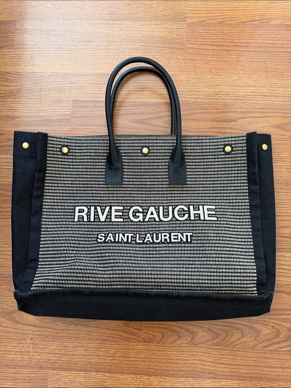 Saint Laurent Black and Cream Rive Gauche Canvas Tote